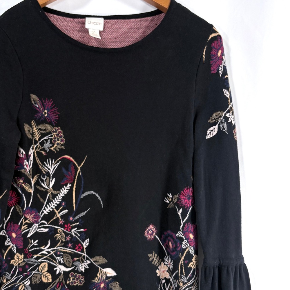 Chicos Sweater Black Floral Embroidered Ruffle Cuff Cotton Knit Top Size 0 S